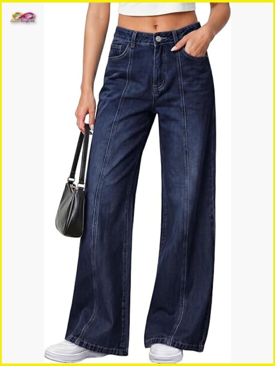 Denim - Wide Leg Jeans High Waisted Stretchy Baggy Seamed Front Palazzo Pants Summer